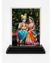 Shree Krishna And Shree Radha Acrylic Car Dashboard Showpiece | Double-Sided Shree Krishna And Shree Radha Photo Stand | 3 X 4 Inch Photo | Transparent Acrylic Frame With Black Base | Car Dashboard, Office & Table Decor (F72048)