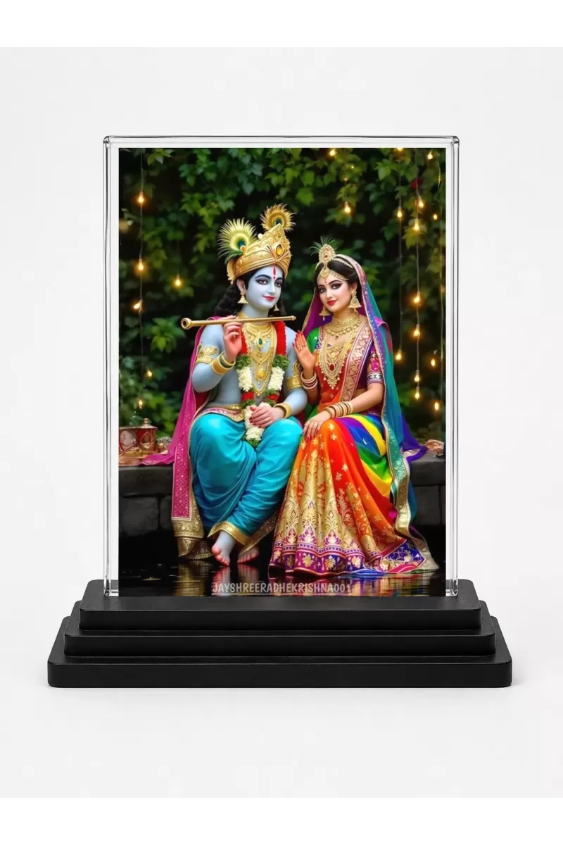 Shree Krishna And Shree Radha Acrylic Car Dashboard Showpiece | Double-Sided Shree Krishna And Shree Radha Photo Stand | 3 X 4 Inch Photo | Transparent Acrylic Frame With Black Base | Car Dashboard, Office & Table Decor (F72048)