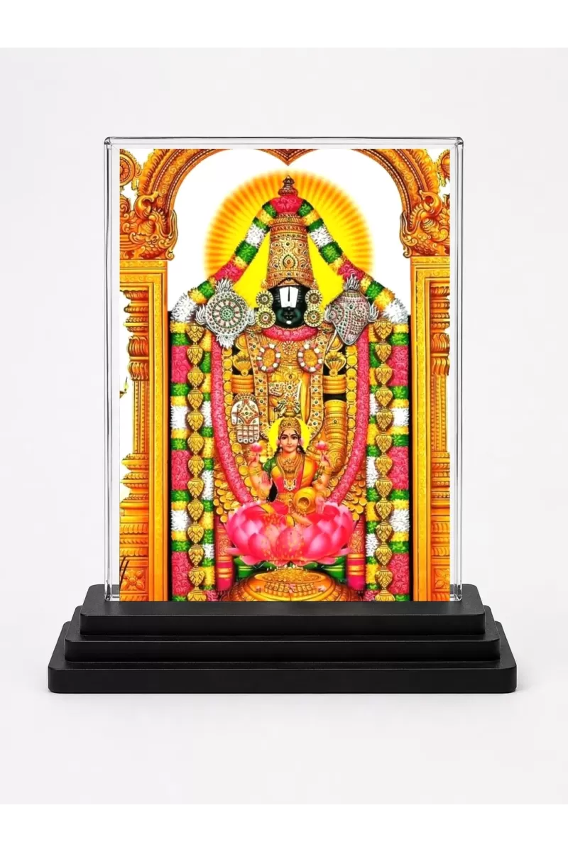 Tirupati Balaji Acrylic Car Dashboard Showpiece | Double-Sided Tirupati Balaji Photo Stand | 3 X 4 Inch Photo | Transparent Acrylic Frame With Black Base | Car Dashboard, Office & Table Decor (F72049)