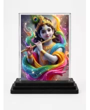 Shree Krishna Acrylic Car Dashboard Showpiece | Double-Sided Shree Krishna Photo Stand | 3 X 4 Inch Photo | Transparent Acrylic Frame With Black Base | Car Dashboard, Office & Table Decor (F72050)