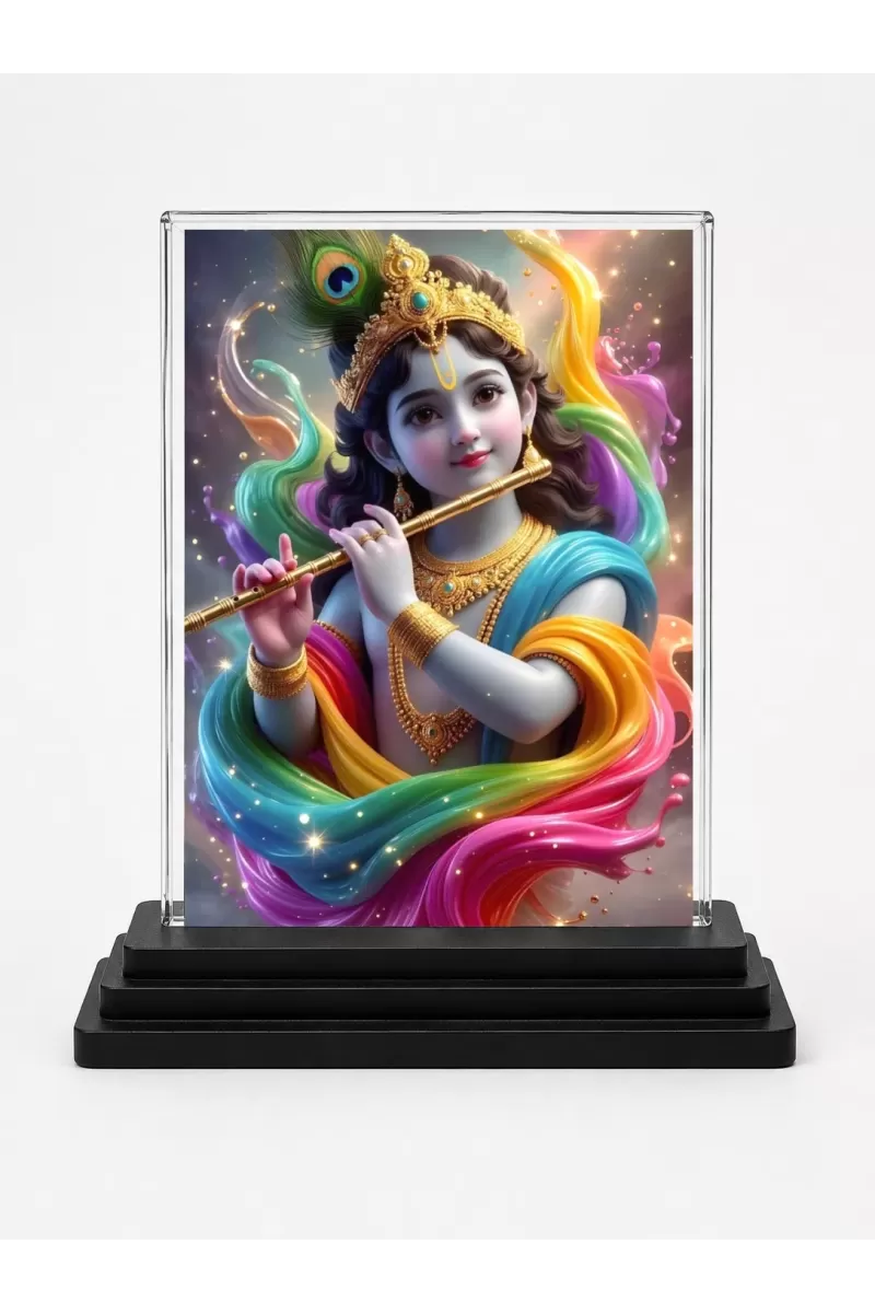 Shree Krishna Acrylic Car Dashboard Showpiece | Double-Sided Shree Krishna Photo Stand | 3 X 4 Inch Photo | Transparent Acrylic Frame With Black Base | Car Dashboard, Office & Table Decor (F72050)