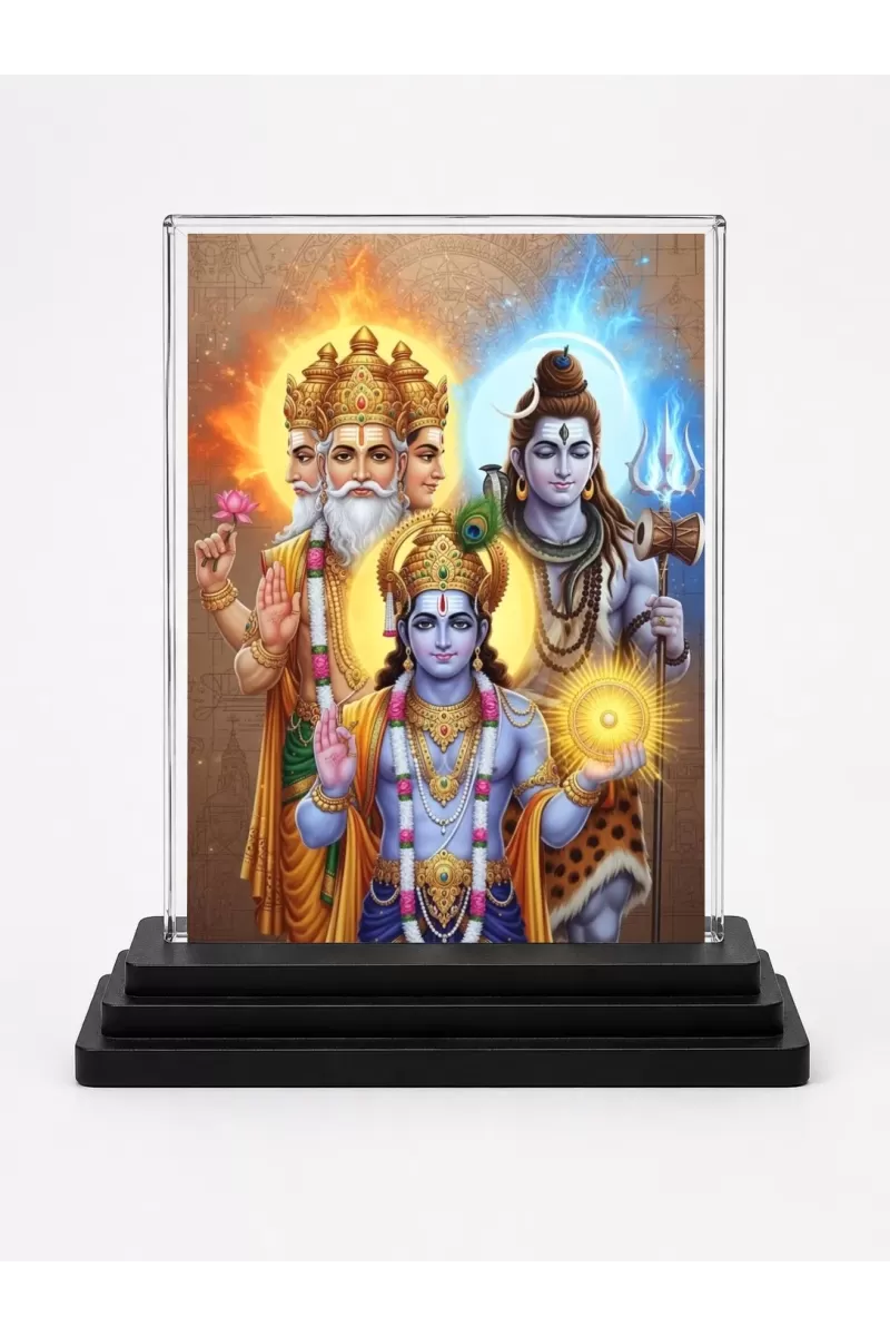 Lord Brahma Lord Vishnu Lord Shiva Acrylic Car Dashboard Showpiece | Double-Sided Lord Brahma Lord Vishnu Lord Shiva Photo Stand | 3 X 4 Inch Photo | Transparent Acrylic Frame With Black Base | Car Dashboard, Office & Table Decor (F72051)