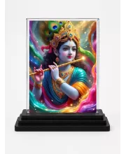 Lord Krishna Acrylic Car Dashboard Showpiece | Double-Sided Lord Krishna Photo Stand | 3 X 4 Inch Photo | Transparent Acrylic Frame With Black Base | Car Dashboard, Office & Table Decor (F72052)