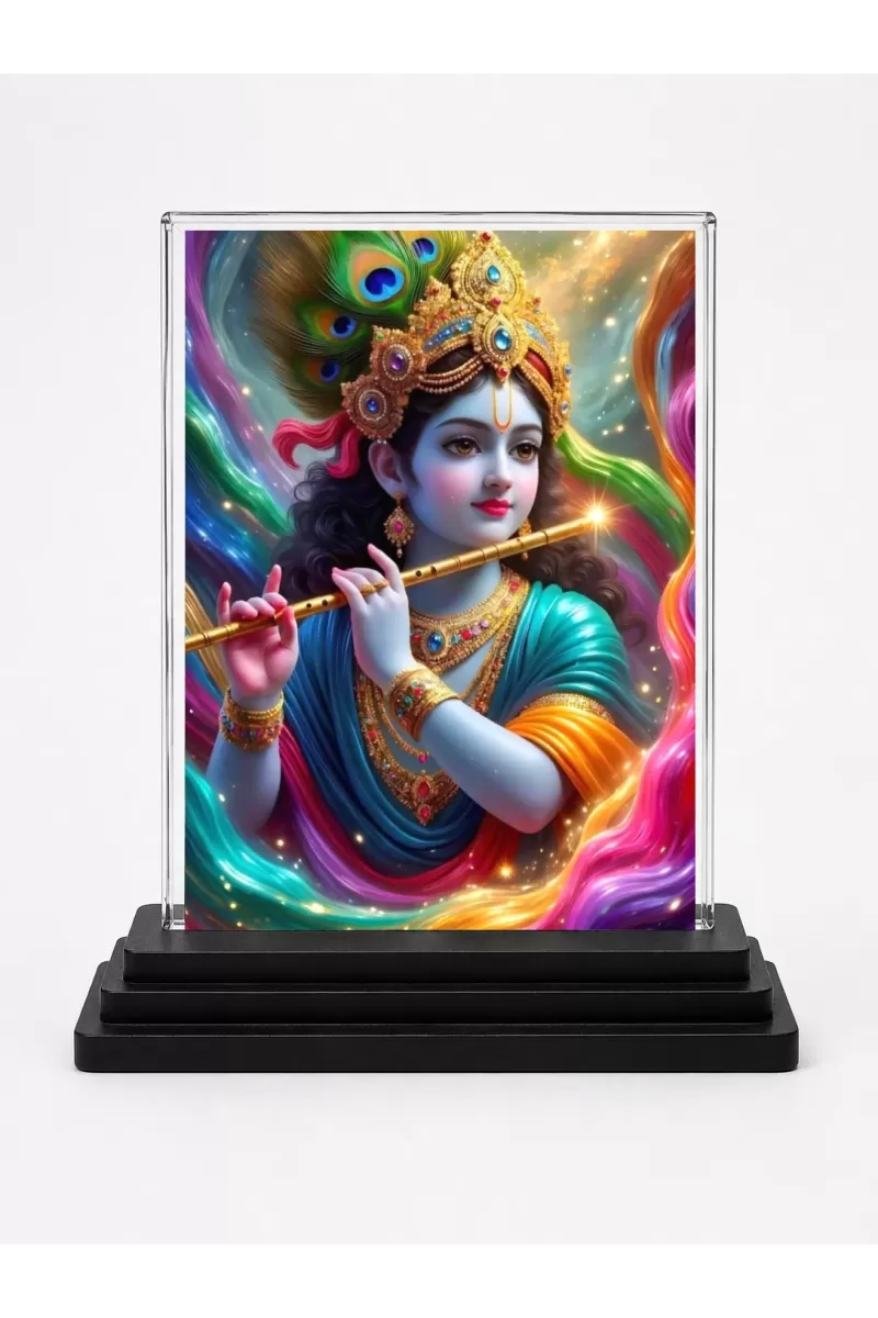 Lord Krishna Acrylic Car Dashboard Showpiece | Double-Sided Lord Krishna Photo Stand | 3 X 4 Inch Photo | Transparent Acrylic Frame With Black Base | Car Dashboard, Office & Table Decor (F72052)