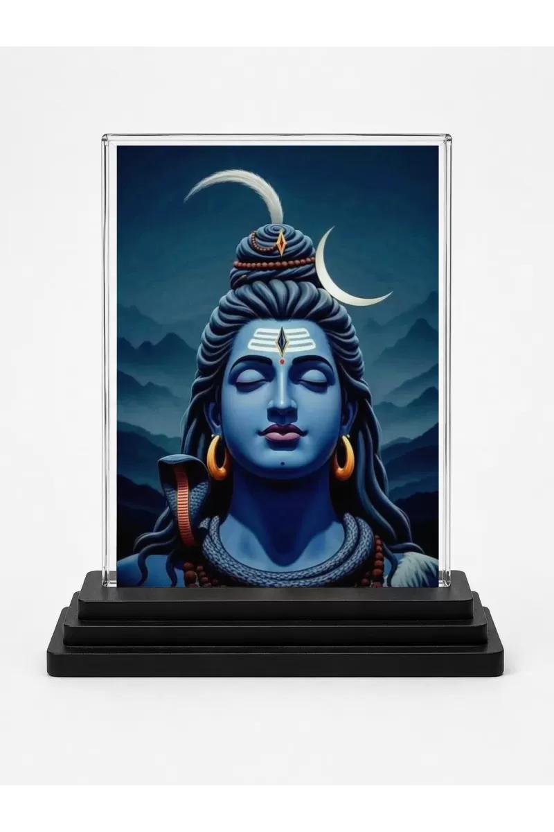 Lord Shiva Acrylic Car Dashboard Showpiece | Double-Sided Lord Shiva Photo Stand | 3 X 4 Inch Photo | Transparent Acrylic Frame With Black Base | Car Dashboard, Office & Table Decor (F72054)