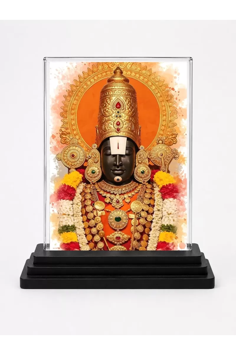 Tirupati Balaji Acrylic Car Dashboard Showpiece | Double-Sided Tirupati Balaji Photo Stand | 3 X 4 Inch Photo | Transparent Acrylic Frame With Black Base | Car Dashboard, Office & Table Decor (F72055)