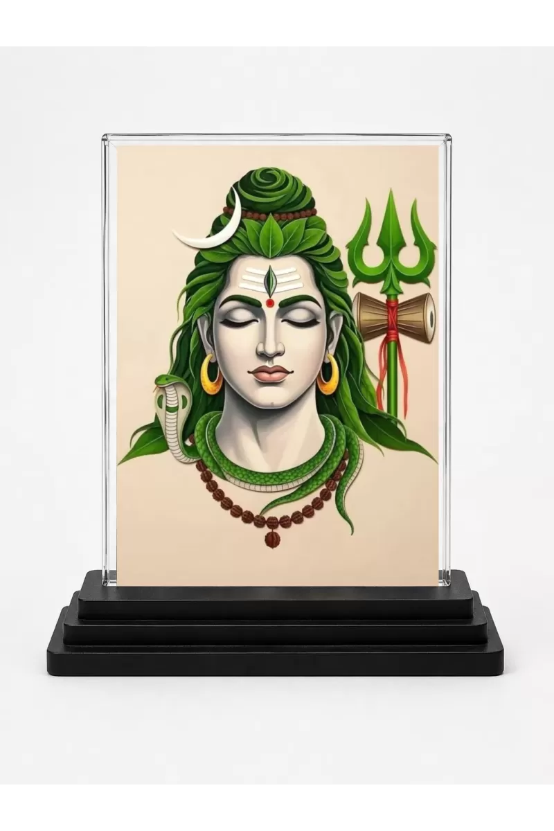 Lord Shiva Acrylic Car Dashboard Showpiece | Double-Sided Lord Shiva Photo Stand | 3 X 4 Inch Photo | Transparent Acrylic Frame With Black Base | Car Dashboard, Office & Table Decor (F72056)