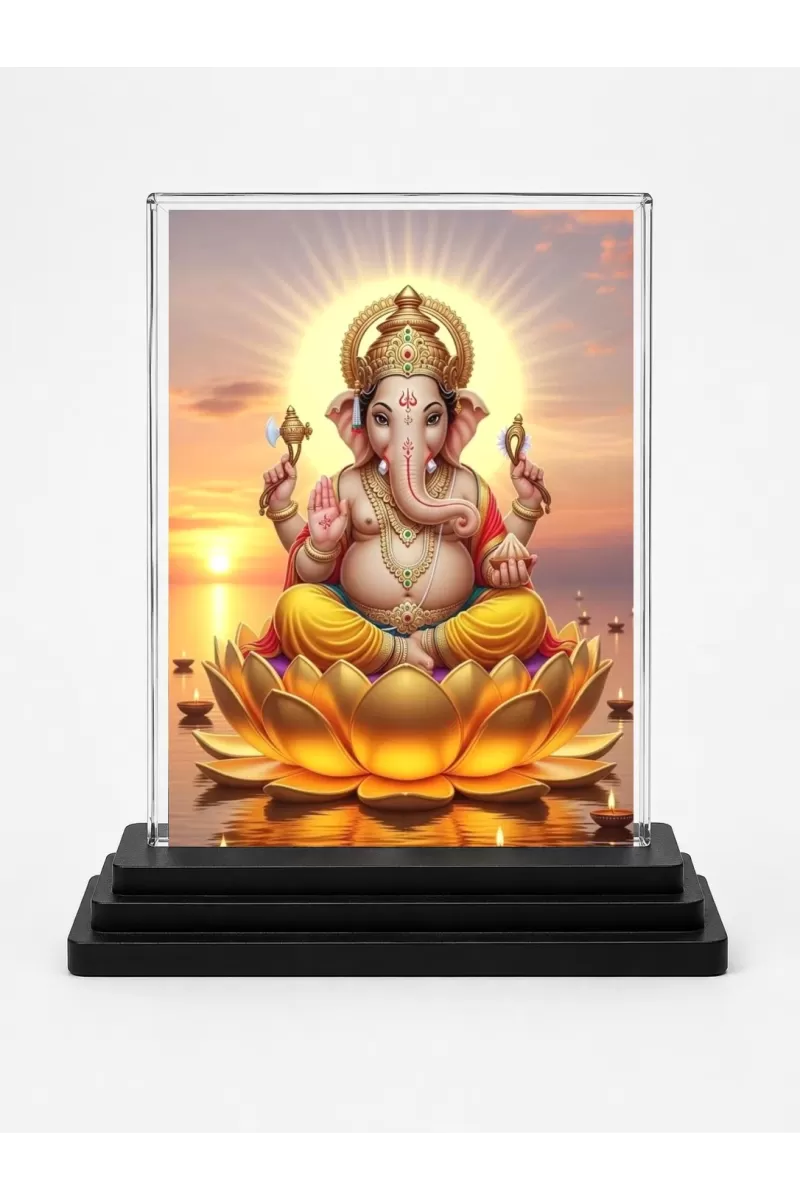 Lord Ganesha Acrylic Car Dashboard Showpiece | Double-Sided Lord Ganesha Photo Stand | 3 X 4 Inch Photo | Transparent Acrylic Frame With Black Base | Car Dashboard, Office & Table Decor (F72058)