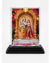 Shree Krishna And Shree Radha Acrylic Car Dashboard Showpiece | Double-Sided Shree Krishna And Shree Radha Photo Stand | 3 X 4 Inch Photo | Transparent Acrylic Frame With Black Base | Car Dashboard, Office & Table Decor (F72060)