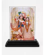 Radha And Shree Krishna Acrylic Car Dashboard Showpiece | Double-Sided Radha And Shree Krishna Photo Stand | 3 X 4 Inch Photo | Transparent Acrylic Frame With Black Base | Car Dashboard, Office & Table Decor (F72061)