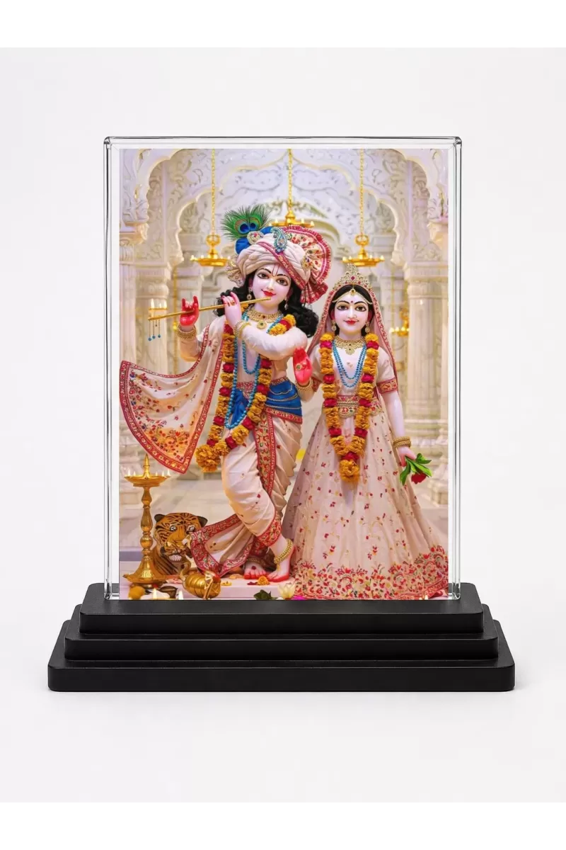 Radha And Shree Krishna Acrylic Car Dashboard Showpiece | Double-Sided Radha And Shree Krishna Photo Stand | 3 X 4 Inch Photo | Transparent Acrylic Frame With Black Base | Car Dashboard, Office & Table Decor (F72061)