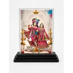 Radha Shree Krishna Acrylic Car Dashboard Showpiece | Double-Sided Radha Shree Krishna Photo Stand | 3 X 4 Inch Photo | Transparent Acrylic Frame With Black Base | Car Dashboard, Office & Table Decor (F72063)