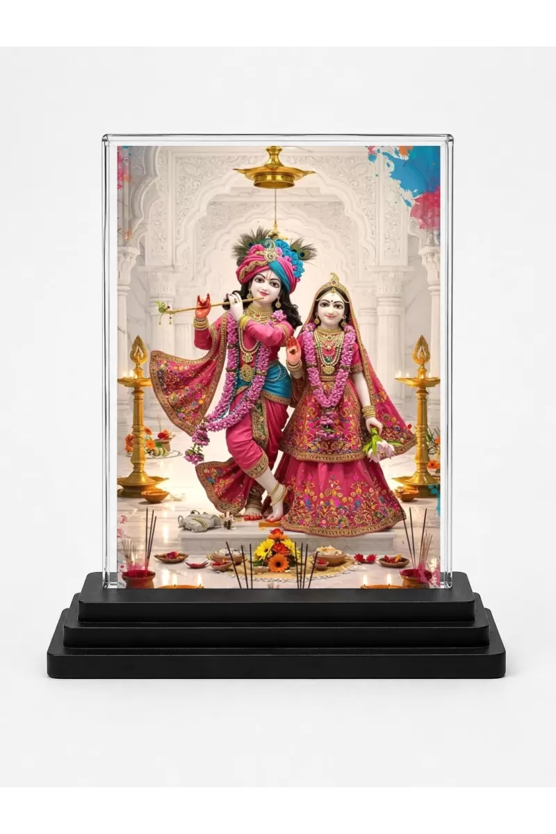 Radha Shree Krishna Acrylic Car Dashboard Showpiece | Double-Sided Radha Shree Krishna Photo Stand | 3 X 4 Inch Photo | Transparent Acrylic Frame With Black Base | Car Dashboard, Office & Table Decor (F72063)
