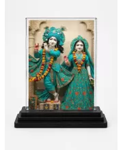 Shree Krishna And Shree Radha Acrylic Car Dashboard Showpiece | Double-Sided Shree Krishna And Shree Radha Photo Stand | 3 X 4 Inch Photo | Transparent Acrylic Frame With Black Base | Car Dashboard, Office & Table Decor (F72064)