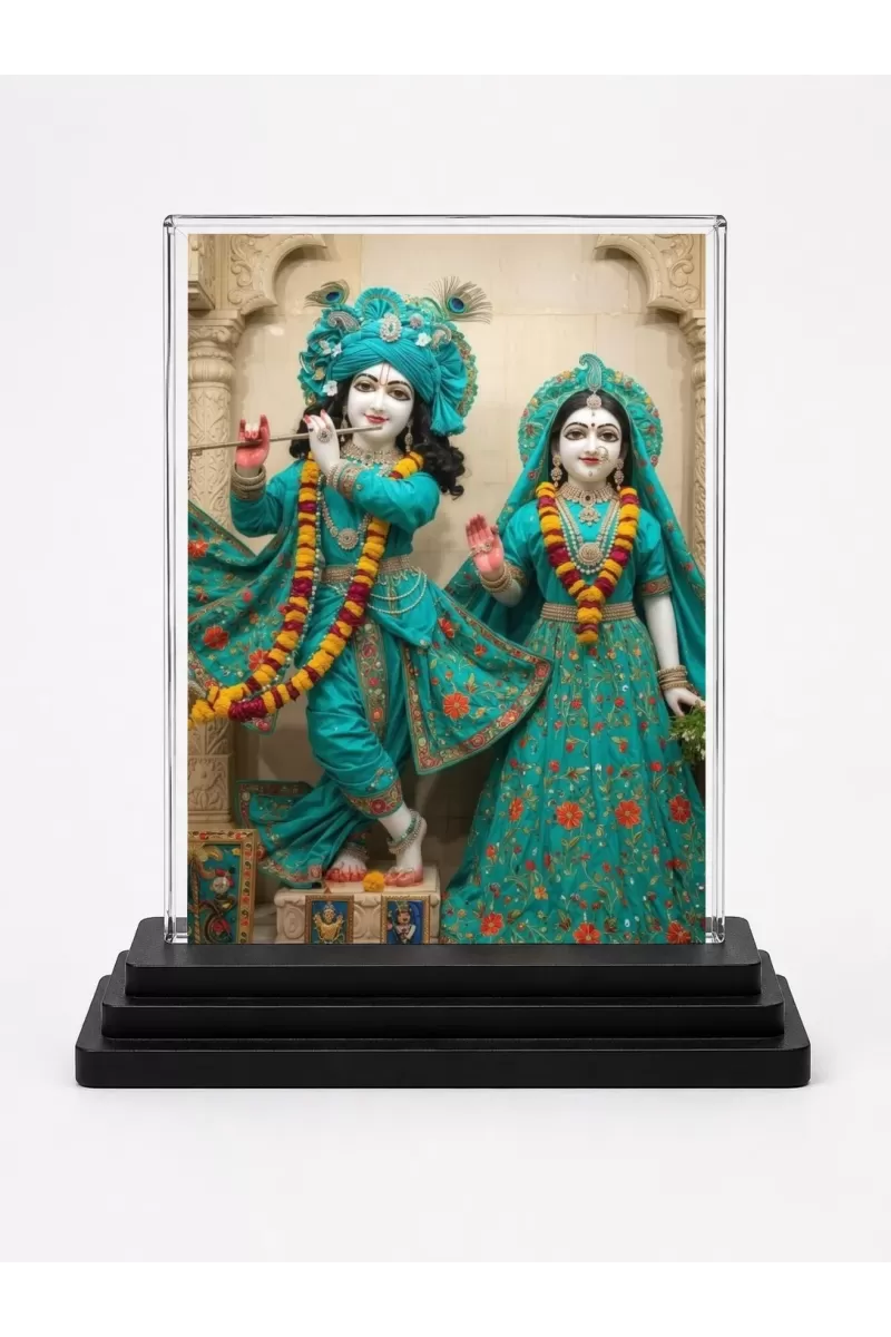 Shree Krishna And Shree Radha Acrylic Car Dashboard Showpiece | Double-Sided Shree Krishna And Shree Radha Photo Stand | 3 X 4 Inch Photo | Transparent Acrylic Frame With Black Base | Car Dashboard, Office & Table Decor (F72064)