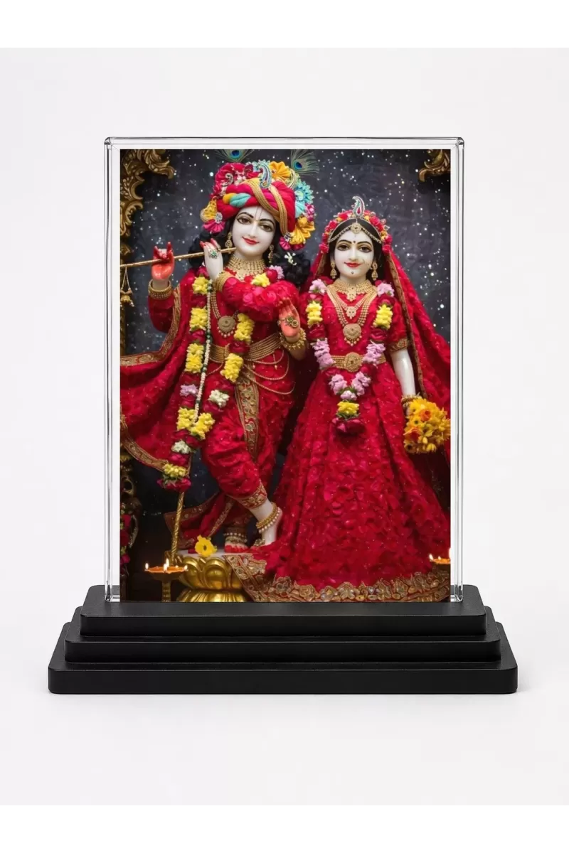 Shree Krishna And Shree Radha Acrylic Car Dashboard Showpiece | Double-Sided Shree Krishna And Shree Radha Photo Stand | 3 X 4 Inch Photo | Transparent Acrylic Frame With Black Base | Car Dashboard, Office & Table Decor (F72065)