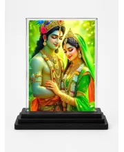Shree Krishna And Shree Radha Acrylic Car Dashboard Showpiece | Double-Sided Shree Krishna And Shree Radha Photo Stand | 3 X 4 Inch Photo | Transparent Acrylic Frame With Black Base | Car Dashboard, Office & Table Decor (F72066)