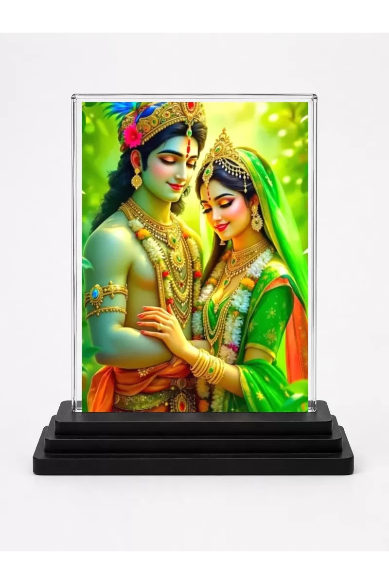 Shree Krishna And Shree Radha Acrylic Car Dashboard Showpiece | Double-Sided Shree Krishna And Shree Radha Photo Stand | 3 X 4 Inch Photo | Transparent Acrylic Frame With Black Base | Car Dashboard, Office & Table Decor (F72066)