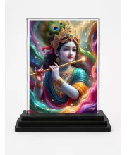 Lord Shree Krishna Acrylic Car Dashboard Showpiece | Double-Sided Lord Shree Krishna Photo Stand | 3 X 4 Inch Photo | Transparent Acrylic Frame With Black Base | Car Dashboard, Office & Table Decor (F72067)