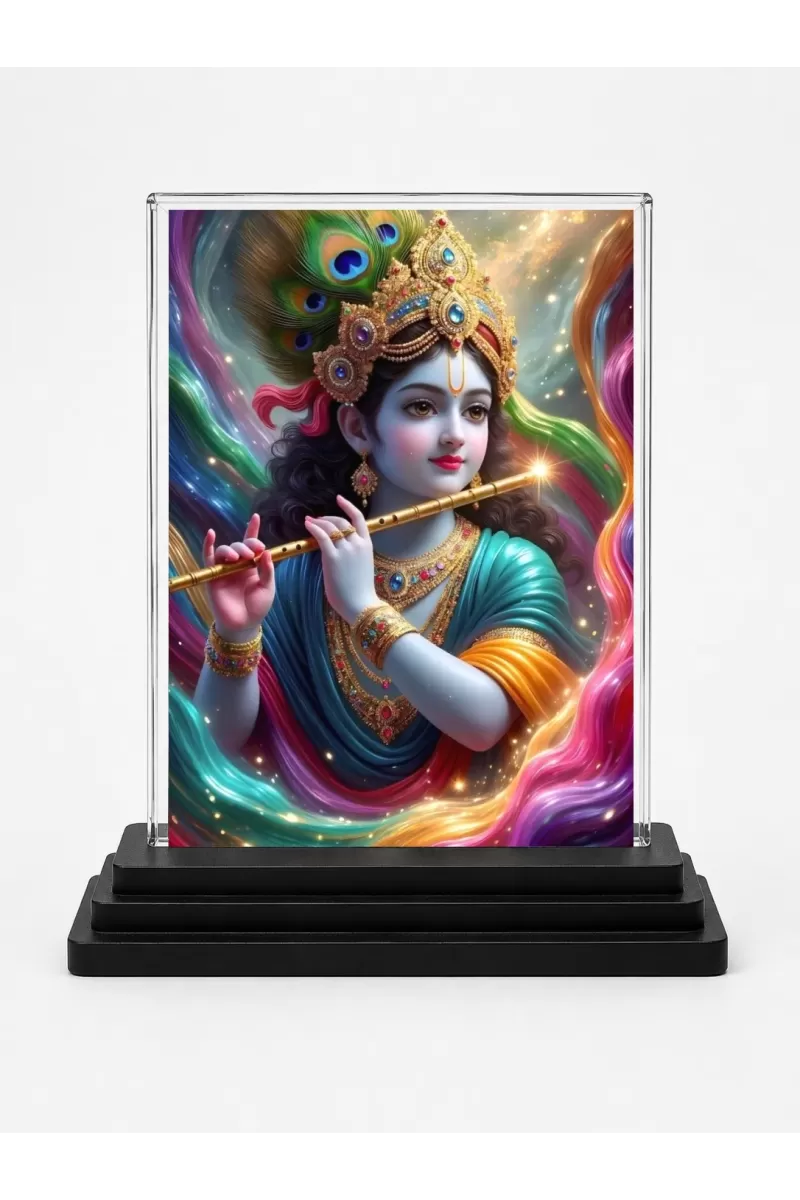 Lord Shree Krishna Acrylic Car Dashboard Showpiece | Double-Sided Lord Shree Krishna Photo Stand | 3 X 4 Inch Photo | Transparent Acrylic Frame With Black Base | Car Dashboard, Office & Table Decor (F72067)