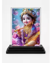 Shree Krishna Acrylic Car Dashboard Showpiece | Double-Sided Shree Krishna Photo Stand | 3 X 4 Inch Photo | Transparent Acrylic Frame With Black Base | Car Dashboard, Office & Table Decor (F72068)