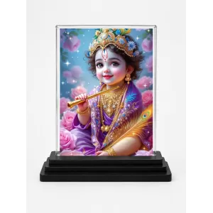 Shree Krishna Acrylic Car Dashboard Showpiece | Double-Sided Shree Krishna Photo Stand | 3 X 4 Inch Photo | Transparent Acrylic Frame With Black Base | Car Dashboard, Office & Table Decor (F72068)