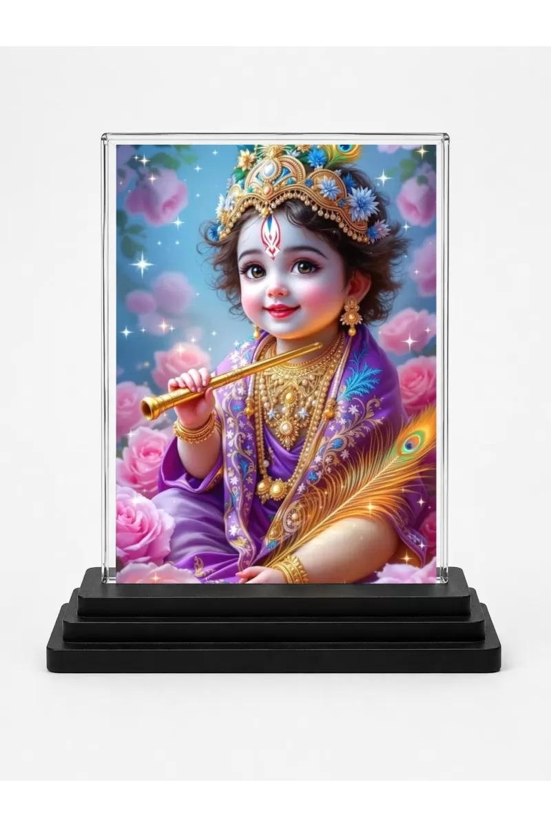 Shree Krishna Acrylic Car Dashboard Showpiece | Double-Sided Shree Krishna Photo Stand | 3 X 4 Inch Photo | Transparent Acrylic Frame With Black Base | Car Dashboard, Office & Table Decor (F72068)