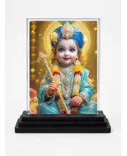 Shree Krishna Acrylic Car Dashboard Showpiece | Double-Sided Shree Krishna Photo Stand | 3 X 4 Inch Photo | Transparent Acrylic Frame With Black Base | Car Dashboard, Office & Table Decor (F72069)