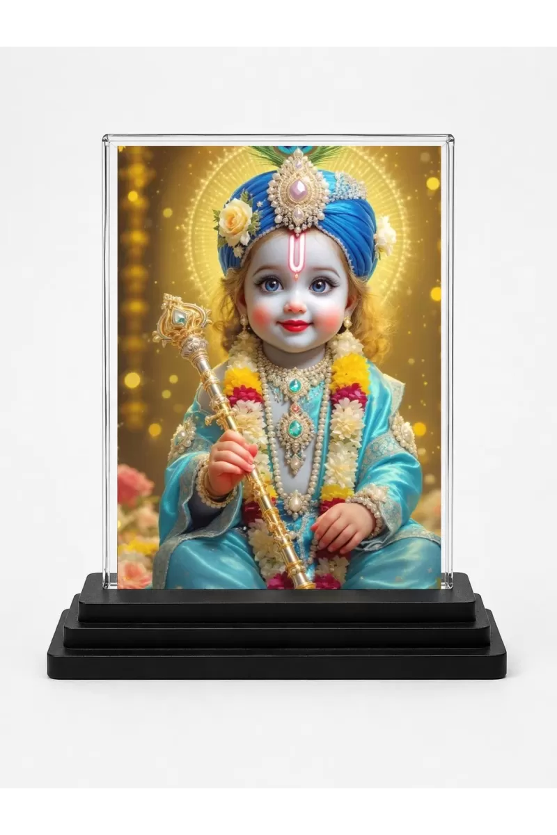 Shree Krishna Acrylic Car Dashboard Showpiece | Double-Sided Shree Krishna Photo Stand | 3 X 4 Inch Photo | Transparent Acrylic Frame With Black Base | Car Dashboard, Office & Table Decor (F72069)