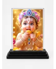Lord Shree Krishna Acrylic Car Dashboard Showpiece | Double-Sided Lord Shree Krishna Photo Stand | 3 X 4 Inch Photo | Transparent Acrylic Frame With Black Base | Car Dashboard, Office & Table Decor (F72070)