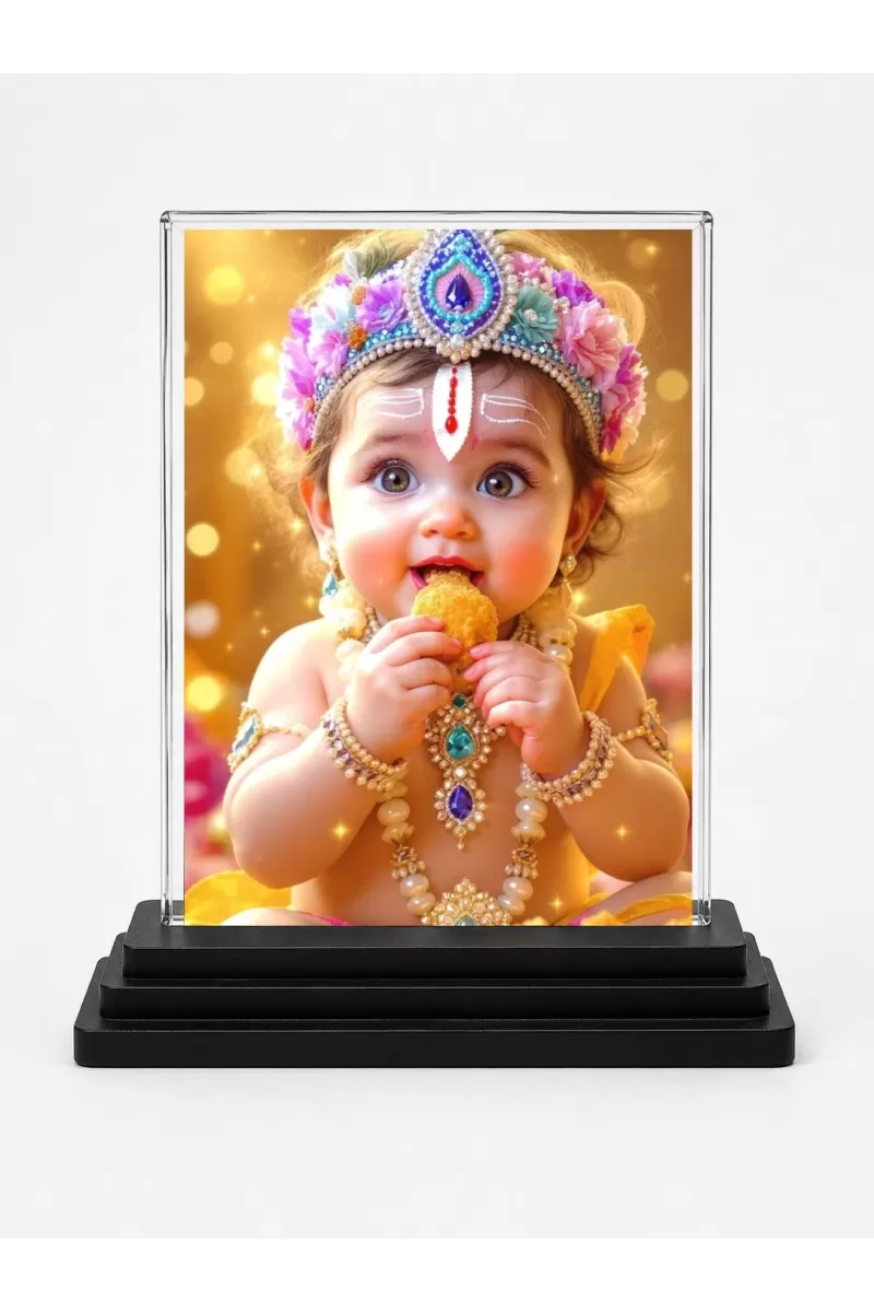 Lord Shree Krishna Acrylic Car Dashboard Showpiece | Double-Sided Lord Shree Krishna Photo Stand | 3 X 4 Inch Photo | Transparent Acrylic Frame With Black Base | Car Dashboard, Office & Table Decor (F72070)