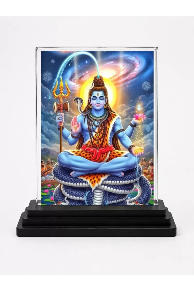 Lord Shiva Acrylic Car Dashboard Showpiece | Double-Sided Lord Shiva Photo Stand | 3 X 4 Inch Photo | Transparent Acrylic Frame With Black Base | Car Dashboard, Office & Table Decor (F72071)