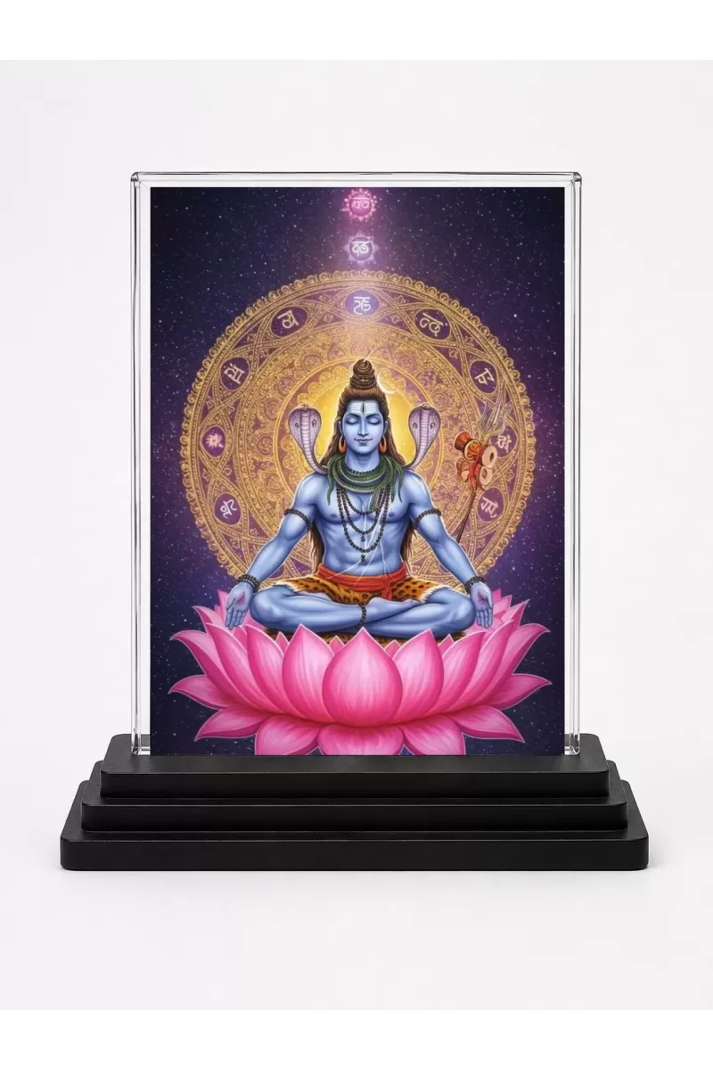 Lord Shiva Acrylic Car Dashboard Showpiece | Double-Sided Lord Shiva Photo Stand | 3 X 4 Inch Photo | Transparent Acrylic Frame With Black Base | Car Dashboard, Office & Table Decor (F72074)