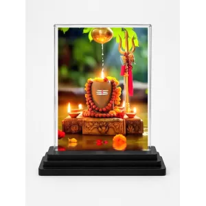 Shiv Linga Acrylic Car Dashboard Showpiece | Double-Sided Shiv Linga Photo Stand | 3 X 4 Inch Photo | Transparent Acrylic Frame With Black Base | Car Dashboard, Office & Table Decor (F72075)