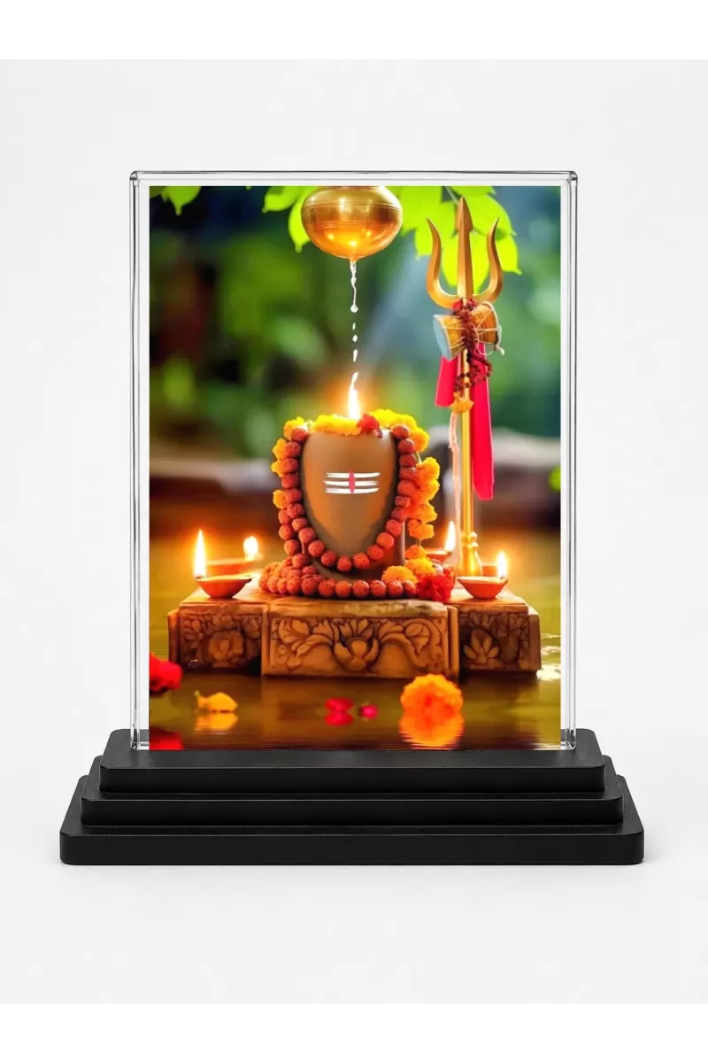 Shiv Linga Acrylic Car Dashboard Showpiece | Double-Sided Shiv Linga Photo Stand | 3 X 4 Inch Photo | Transparent Acrylic Frame With Black Base | Car Dashboard, Office & Table Decor (F72075)