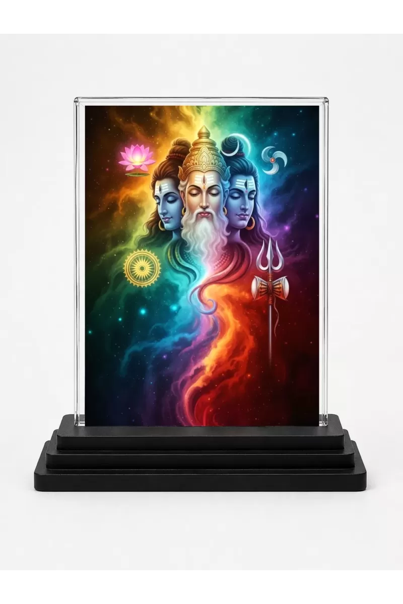 Lord Lord Brahma, Lord Vishnu, And Lord Shiva Acrylic Car Dashboard Showpiece | Double-Sided Lord Lord Brahma, Lord Vishnu, And Lord Shiva Photo Stand | 3 X 4 Inch Photo | Transparent Acrylic Frame With Black Base | Car Dashboard, Office & Table 