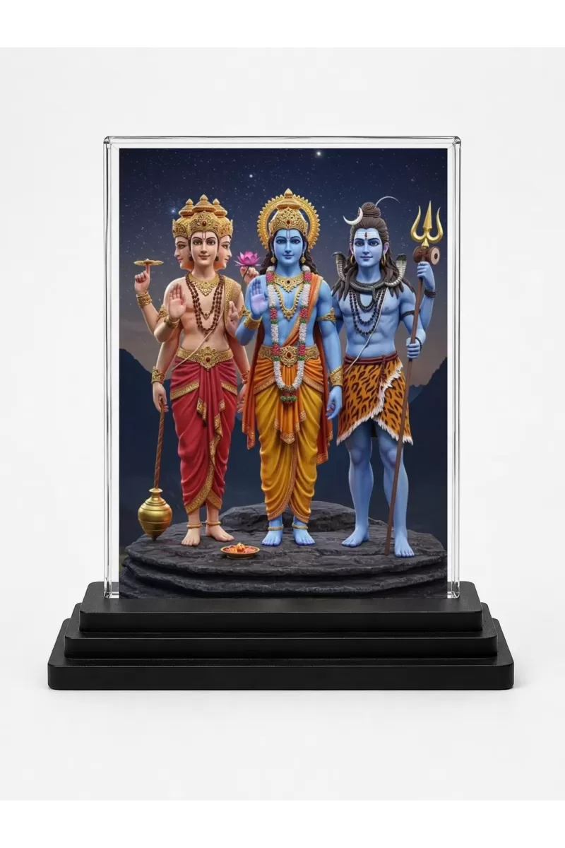 Lord Lord Brahma, Lord Vishnu, Lord Shiva Acrylic Car Dashboard Showpiece | Double-Sided Lord Lord Brahma, Lord Vishnu, Lord Shiva Photo Stand | 3 X 4 Inch Photo | Transparent Acrylic Frame With Black Base | Car Dashboard, Office & Table Decor (F