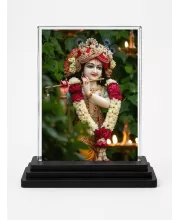 Lord Krishna Acrylic Car Dashboard Showpiece | Double-Sided Lord Krishna Photo Stand | 3 X 4 Inch Photo | Transparent Acrylic Frame With Black Base | Car Dashboard, Office & Table Decor (F72082)