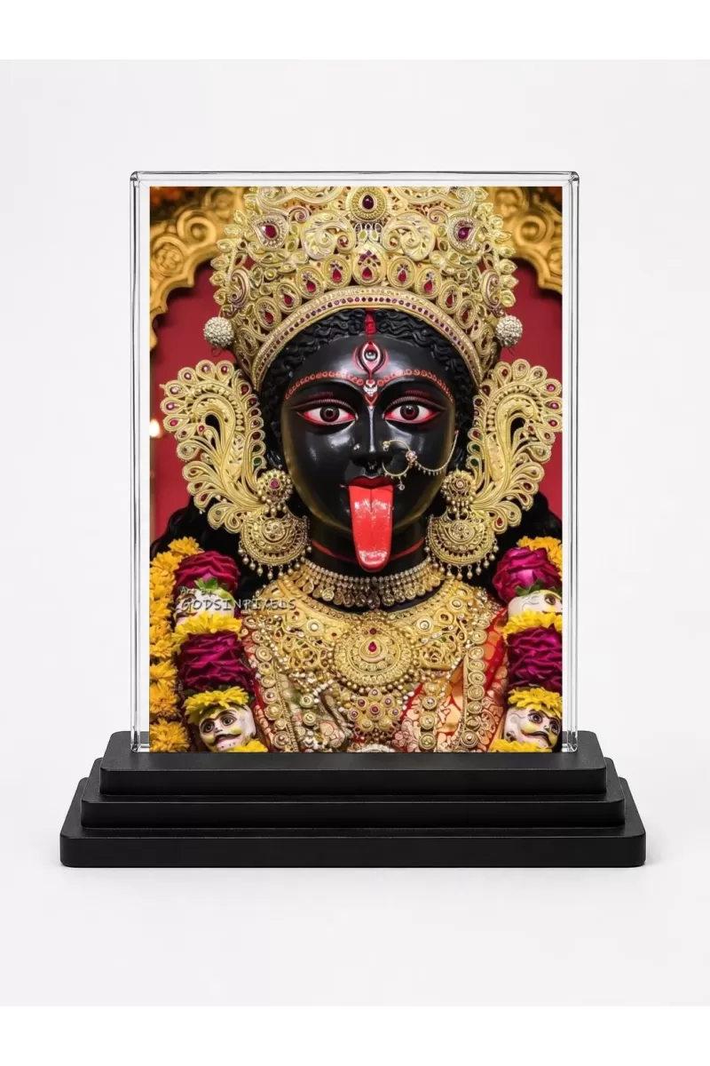 Goddess Kali Acrylic Car Dashboard Showpiece | Double-Sided Goddess Kali Photo Stand | 3 X 4 Inch Photo | Transparent Acrylic Frame With Black Base | Car Dashboard, Office & Table Decor (F72083)