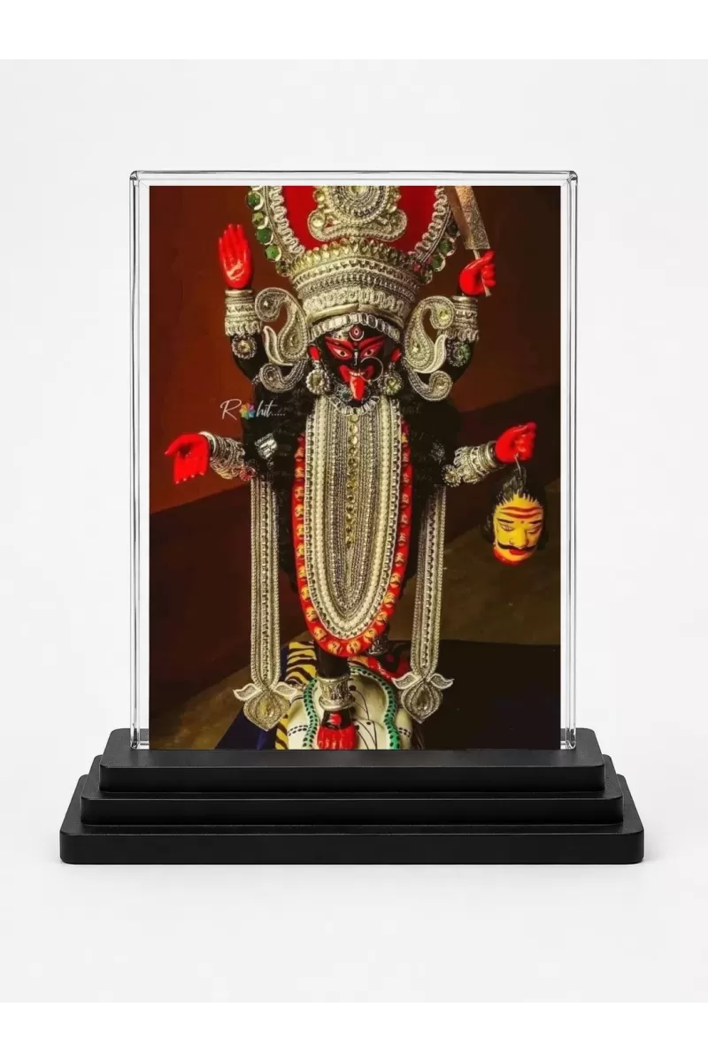 Mahishasura Mardini Acrylic Car Dashboard Showpiece | Double-Sided Mahishasura Mardini Photo Stand | 3 X 4 Inch Photo | Transparent Acrylic Frame With Black Base | Car Dashboard, Office & Table Decor (F72084)