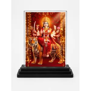 Goddess Durga Acrylic Car Dashboard Showpiece | Double-Sided Goddess Durga Photo Stand | 3 X 4 Inch Photo | Transparent Acrylic Frame With Black Base | Car Dashboard, Office & Table Decor (F72085)