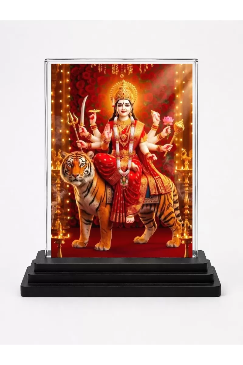 Goddess Durga Acrylic Car Dashboard Showpiece | Double-Sided Goddess Durga Photo Stand | 3 X 4 Inch Photo | Transparent Acrylic Frame With Black Base | Car Dashboard, Office & Table Decor (F72085)
