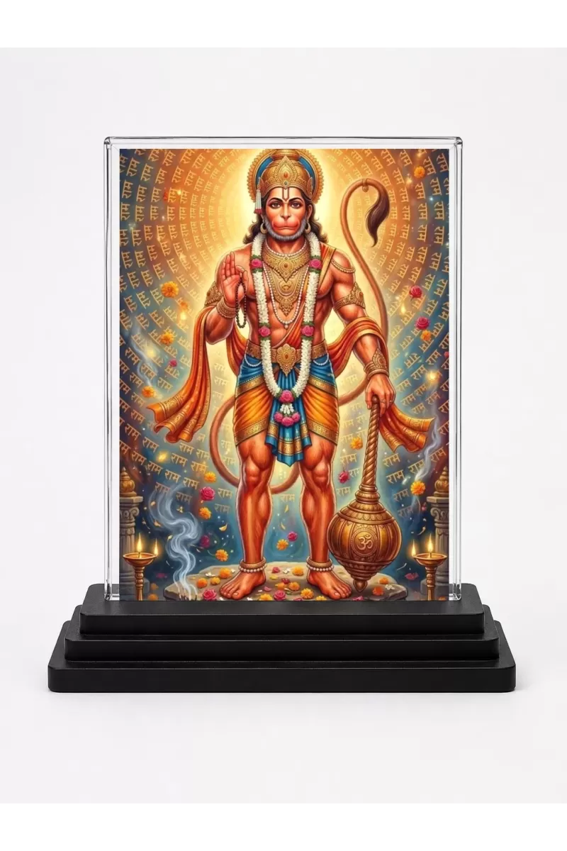 Hanuman Acrylic Car Dashboard Showpiece | Double-Sided Hanuman Photo Stand | 3 X 4 Inch Photo | Transparent Acrylic Frame With Black Base | Car Dashboard, Office & Table Decor (F72087)