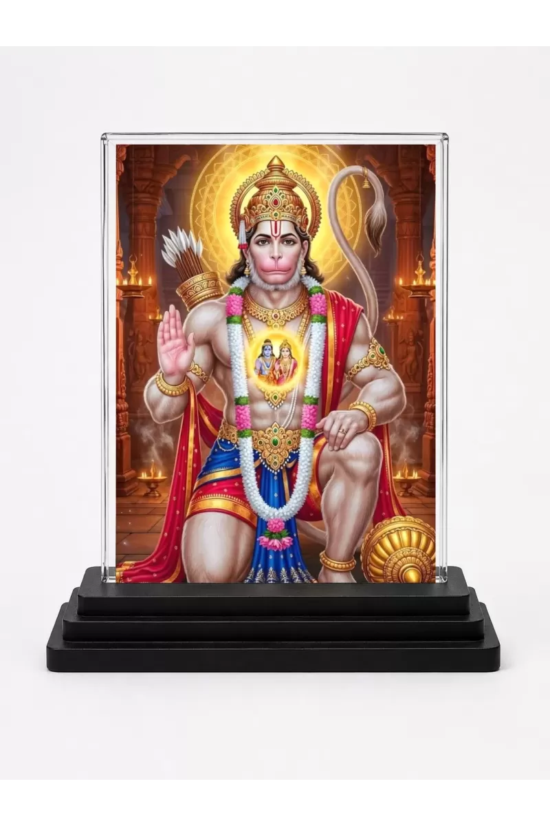 Hanuman Acrylic Car Dashboard Showpiece | Double-Sided Hanuman Photo Stand | 3 X 4 Inch Photo | Transparent Acrylic Frame With Black Base | Car Dashboard, Office & Table Decor (F72089)