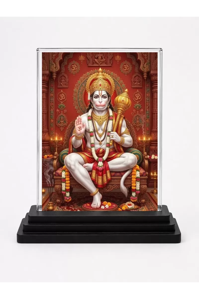 Hanuman Acrylic Car Dashboard Showpiece | Double-Sided Hanuman Photo Stand | 3 X 4 Inch Photo | Transparent Acrylic Frame With Black Base | Car Dashboard, Office & Table Decor (F72092)