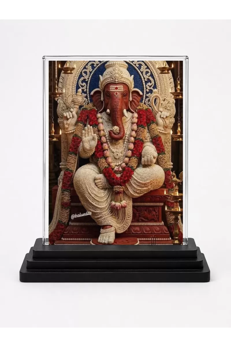 Ganesha Acrylic Car Dashboard Showpiece | Double-Sided Ganesha Photo Stand | 3 X 4 Inch Photo | Transparent Acrylic Frame With Black Base | Car Dashboard, Office & Table Decor (F72093)