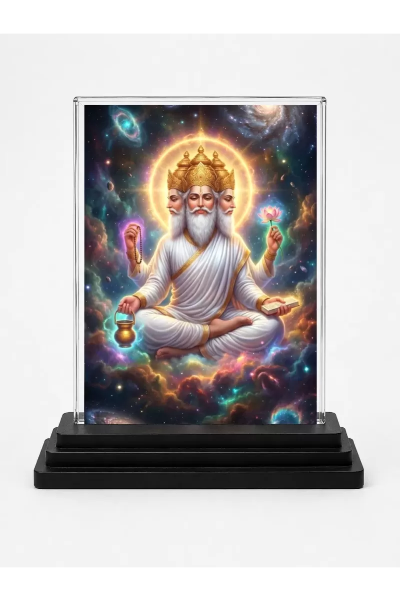 Lord Brahma Acrylic Car Dashboard Showpiece | Double-Sided Lord Brahma Photo Stand | 3 X 4 Inch Photo | Transparent Acrylic Frame With Black Base | Car Dashboard, Office & Table Decor (F72094)
