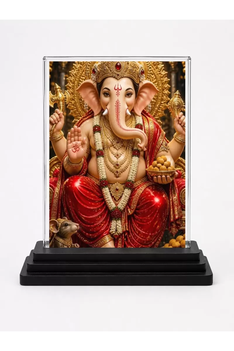 Lord Ganesh Acrylic Car Dashboard Showpiece | Double-Sided Lord Ganesh Photo Stand | 3 X 4 Inch Photo | Transparent Acrylic Frame With Black Base | Car Dashboard, Office & Table Decor (F72095)