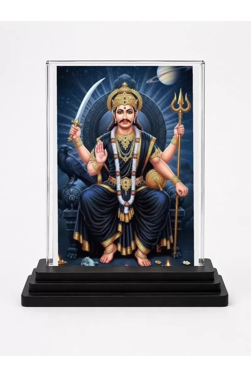 Shani Dev Acrylic Car Dashboard Showpiece | Double-Sided Shani Dev Photo Stand | 3 X 4 Inch Photo | Transparent Acrylic Frame With Black Base | Car Dashboard, Office & Table Decor (F72096)