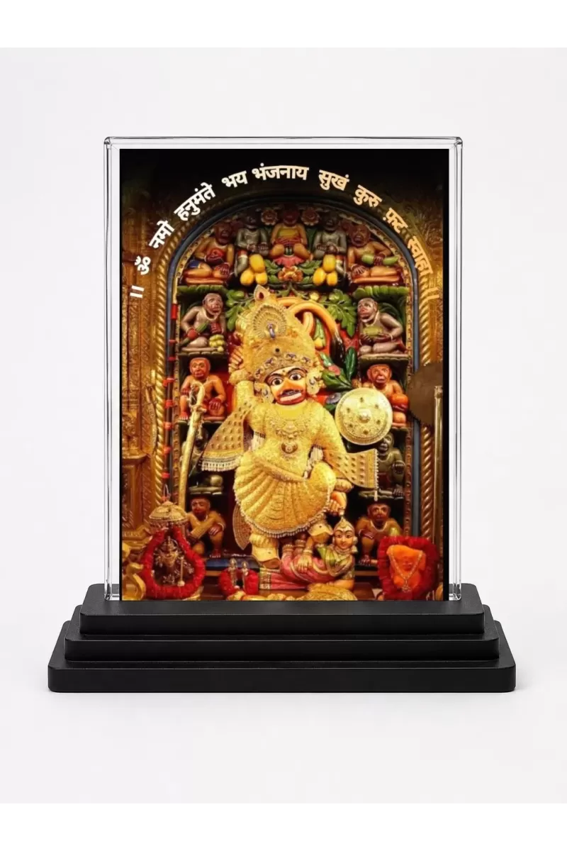 Shree Kashtabhanjan Dev Hanumanji Acrylic Car Dashboard Showpiece | Double-Sided Shree Kashtabhanjan Dev Hanumanji Photo Stand | 3 X 4 Inch Photo | Transparent Acrylic Frame With Black Base | Car Dashboard, Office & Table Decor (F72097)
